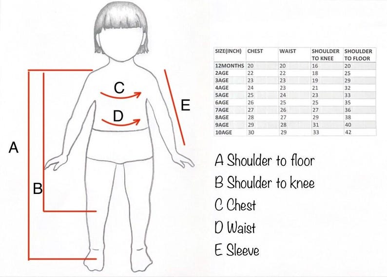 May include: A diagram illustrating children's clothing measurements. The image includes a child's figure with labeled measurement lines for chest, waist, sleeve, shoulder to knee, and shoulder to floor. A size chart is also included, with measurements in inches.