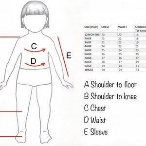 May include: Diagram showing how to measure a child's chest, waist, shoulder to knee, and shoulder to floor. The diagram includes a table with measurements in inches for different ages.