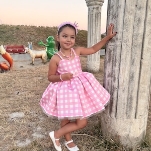 May include: A young girl wearing a pink and white gingham dress with a tulle skirt, a pink headband with a crown, and white shoes. She is standing next to a stone pillar.