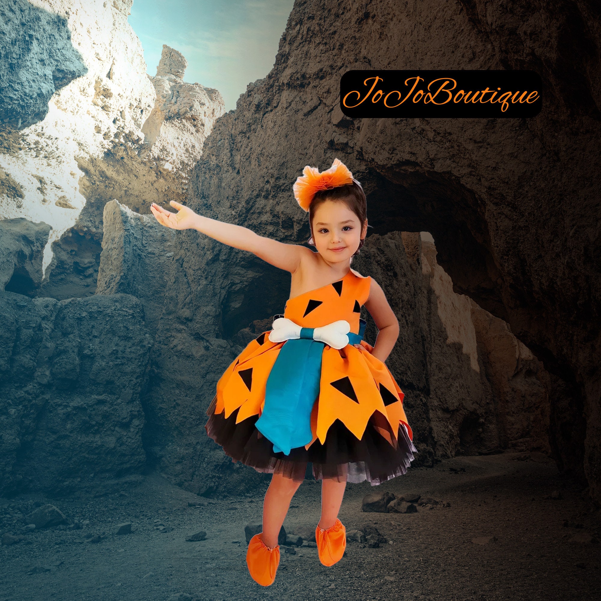 Déguisement Halloween Bébé Fille – Robe Princesse Tutu Flintstone – Bandeau Os Inclus – Costume Cavernicole – Taille 130 à 160