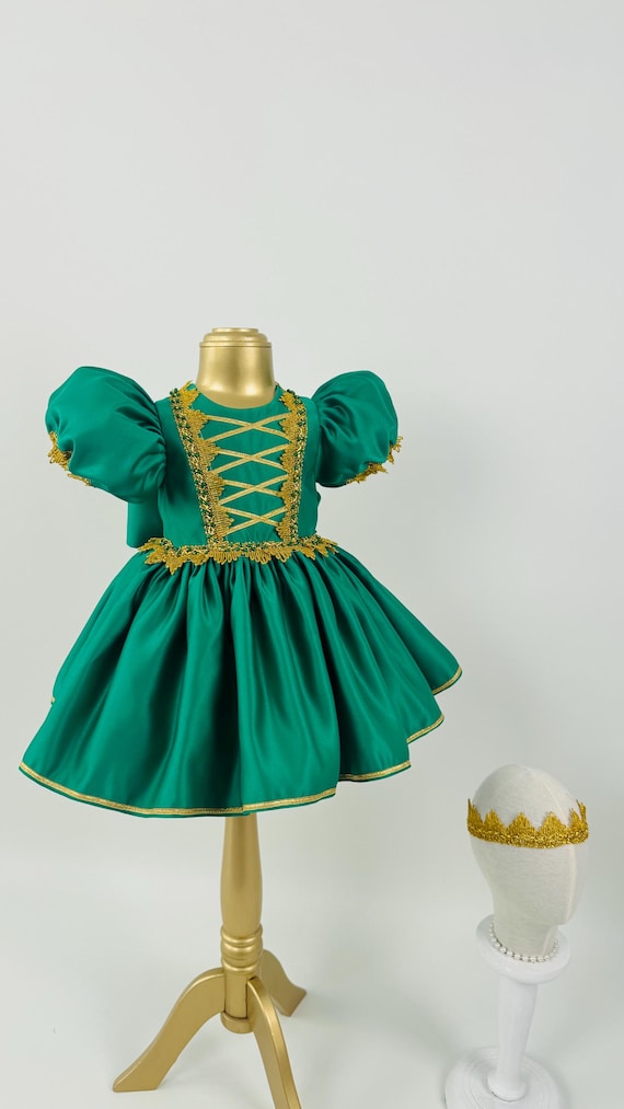 Shrek Inspired Fiona Princess Dress, Green Satin Fairytale Costume, Toddler Birthday Outfit