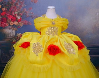 May include: A yellow princess dress with a tulle skirt and red rose embellishments. The dress has a fitted bodice with a sweetheart neckline and a sheer overlay.