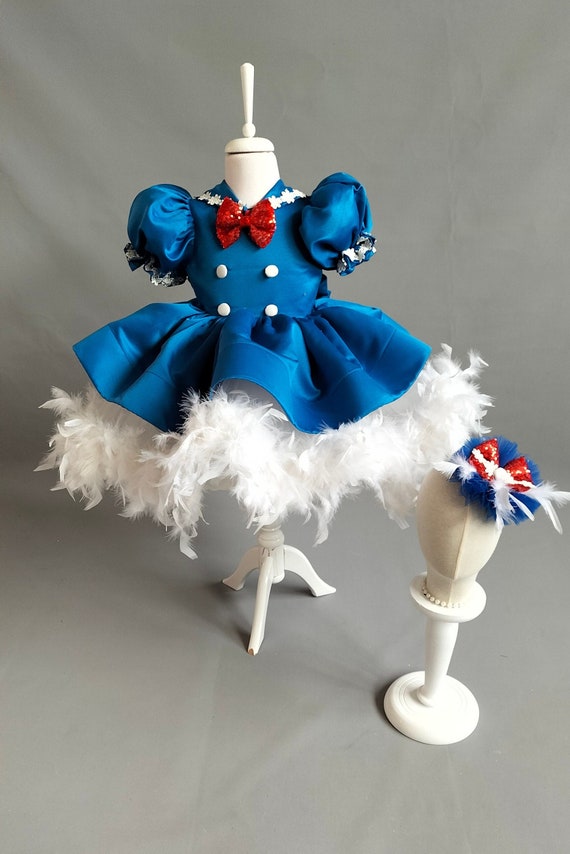 donald duck sequin dress Donald Duck Inspired Sailor Dress, Blue Satin Birthday Outfit, Toddler Costume, Theme Park Wear