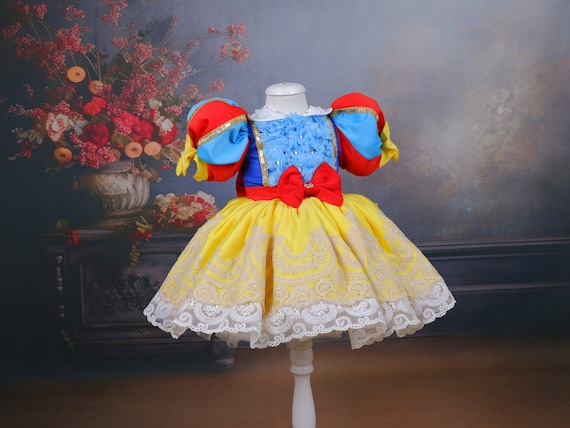 Handmade Snow White Princess Costume, Baby Birthday Dress, Headband