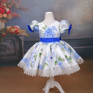 Floral Girl Birthday Dress, Kids Baby Girl Easter Dress, Girls Cute Floral blue Vintage Style Kids Birthday Party Dress, Big bow kids dress