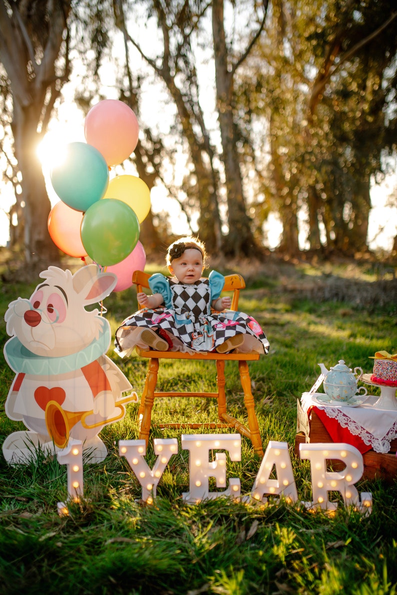 May include: A baby girl wearing a blue and white checkered dress sits on a wooden chair in a grassy field. She is surrounded by colorful balloons and a white rabbit cutout. The words "1 YEAR" are spelled out in white letters with lights on the grass.
