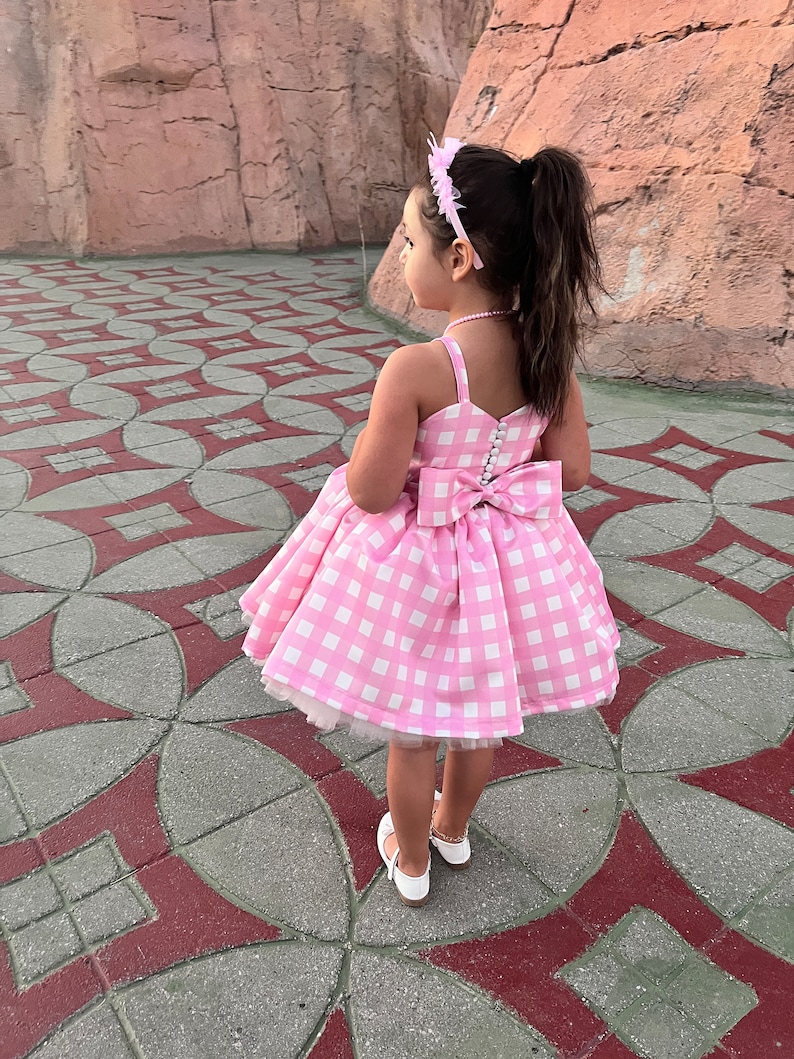 Pink Gingham Dress, Toddler Birthday Outfit, Cottagecore Twirl Dress, Handmade Picnic Style image 6