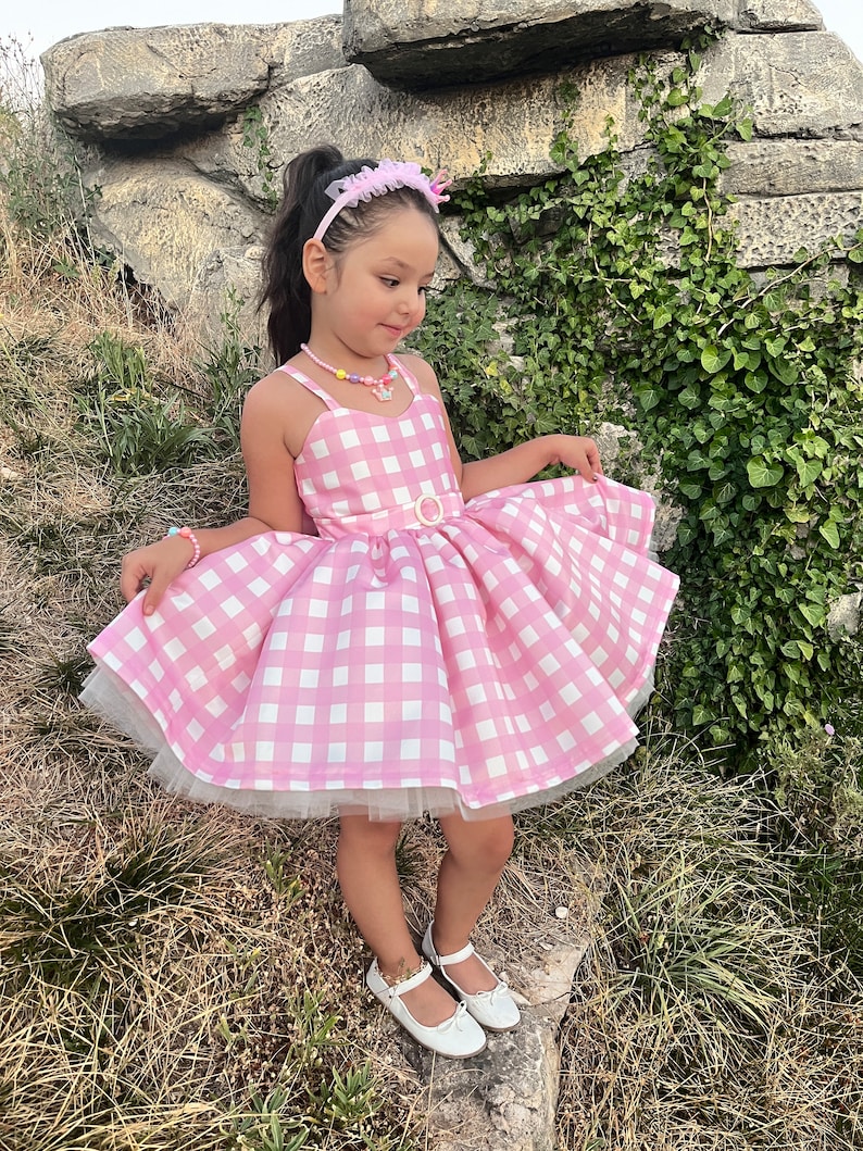 May include: A young girl wearing a pink and white gingham dress with a white tulle underskirt. She is wearing a pink headband with a flower and a colorful beaded necklace. She is standing on a rock with green grass and vines in the background.