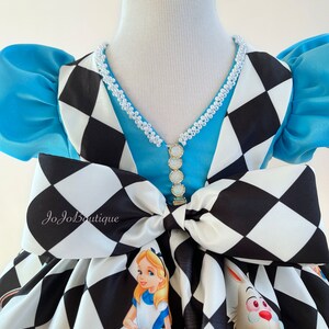May include: A blue and white checkered dress with a blue bodice and a white pearl necklace. The dress has a large bow in the back and features Alice in Wonderland characters.