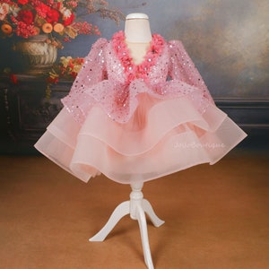 Dusty Pink Sequin Flower Girl Dress | Toddler Girl Puffy Short Sleeves Dress | Birthday Dress | Girls Luxury Party Dress | Occasion Outfit