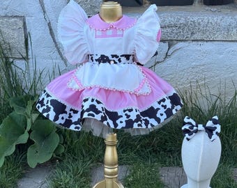 Vestido de princesa vaquera, disfraz de granja, diadema con lazo y estampado de vaca