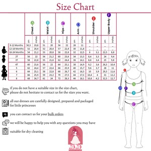 May include: Size chart for children's clothing with measurements in inches and centimeters. The chart shows chest, waist, hips, arm, shoulder, and upper body measurements for sizes 9-12 months to 8 years.