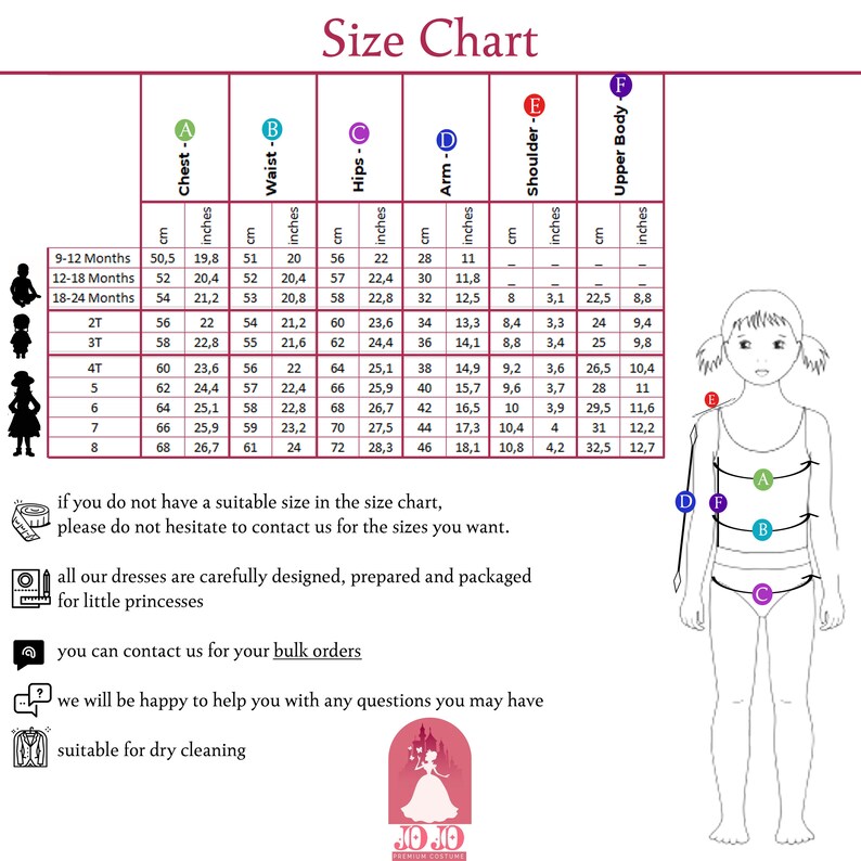 May include: Size chart for children's clothing with measurements in inches and centimeters. The chart shows chest, waist, hips, arm, shoulder, and upper body measurements for sizes 9-12 months to 8 years.