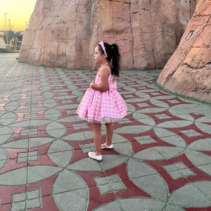 May include: A young girl wearing a pink and white gingham dress with a white tulle underskirt. She is standing on a patterned tile floor.
