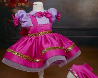 Robe inspirée de Masha, tenue d'anniversaire pour tout-petit, robe jaune en satin avec capuche rouge, déguisement fait main