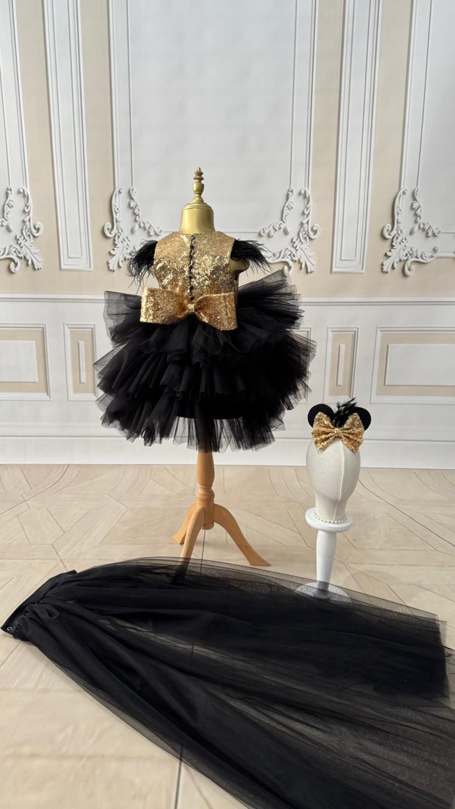 Black Gold Sequin Mouse Tutu Dress, Luxury Birthday Party Couture Outfit