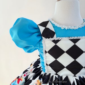 May include: A blue and white dress with a checkered pattern and a white pearl trim. The dress has a puffed sleeve and a full skirt. The dress features a print of Alice in Wonderland characters.