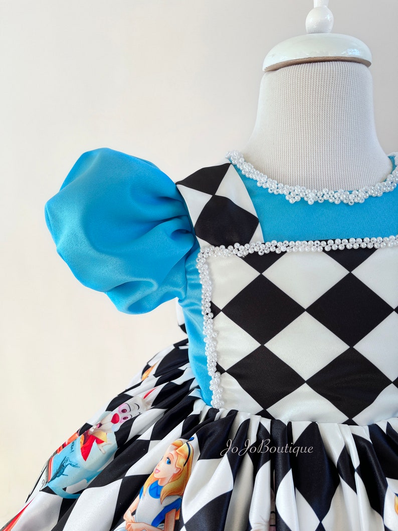 May include: A blue and white dress with a checkered pattern and a white pearl trim. The dress has a puffed sleeve and a full skirt. The dress features a print of Alice in Wonderland characters.
