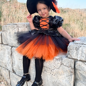 For special occasion - Halloween Witch Dress with Matching Hat - Customizable Orange Black Costume- Baby girl dress- Girl Halloween costume