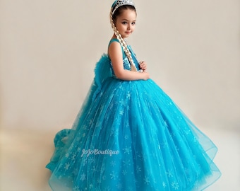 Handmade Frozen Elsa Dress, Girls Princess Costume, Ball Gown with Headband