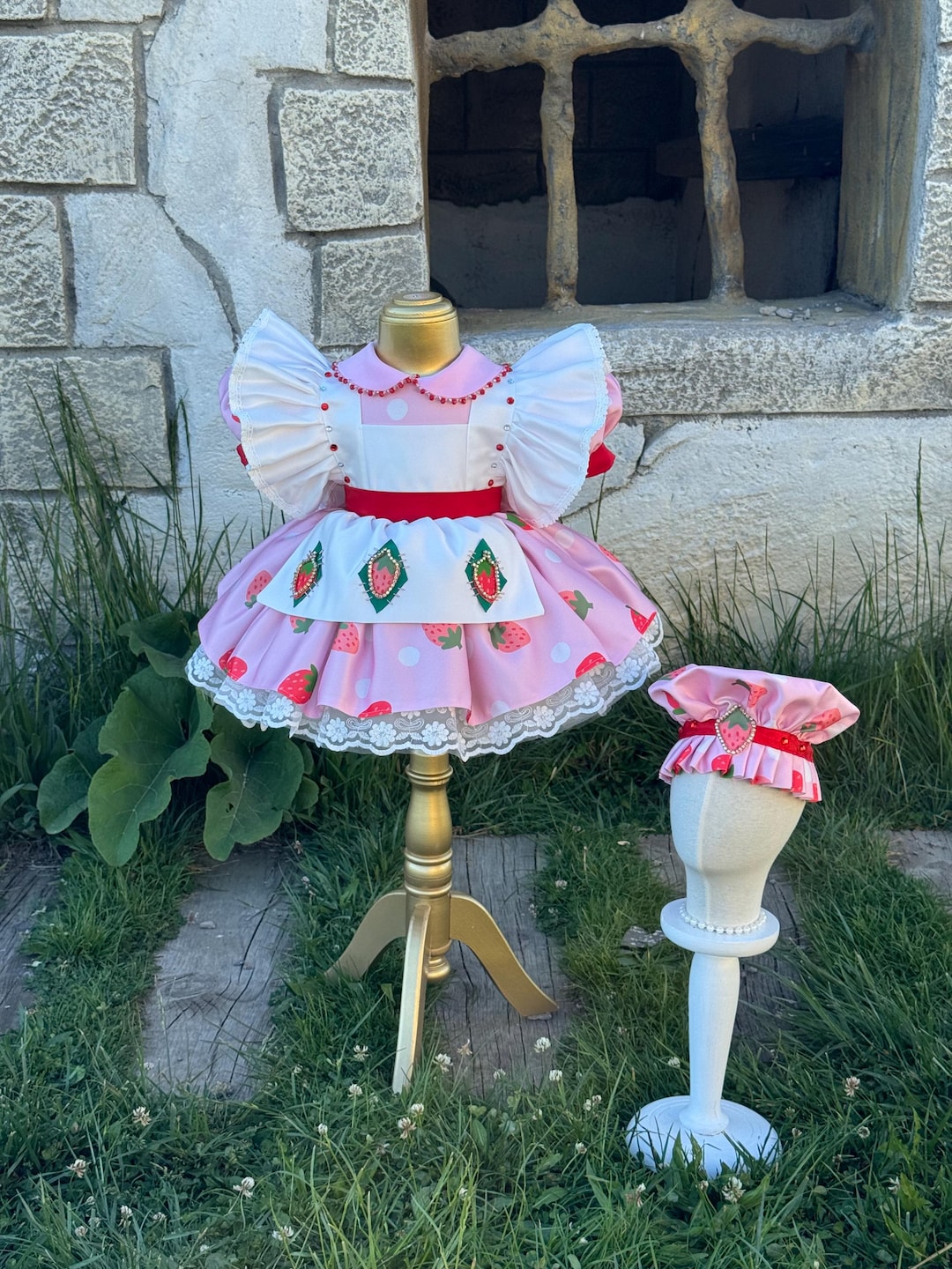 Handmade Strawberry Dress and Bonnet Set, Toddler Birthday Outfit