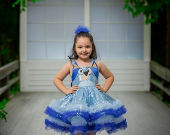 Bluey geïnspireerde jurk, blauw hondenkostuum, outfit verjaardagsfeestje, handgemaakte jurk voor peutermeisjes