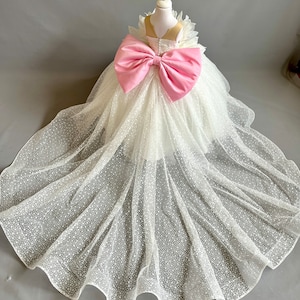 White Lace Dress, Toddler wedding dress with train, Tulle Flower Girl Dress, First communion dress