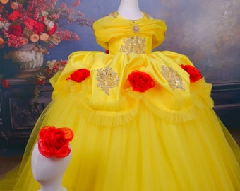 Beauty and The Beast Belle Costume, Disney Costume Toddler, Tutu Yellow Princess Dress, FlowerBirthday Dress