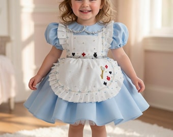 Peuter prinses kostuumjurk, outfit verjaardagsfeestje, door Alice geïnspireerde blauwe jurk handgemaakt aangepast formaat