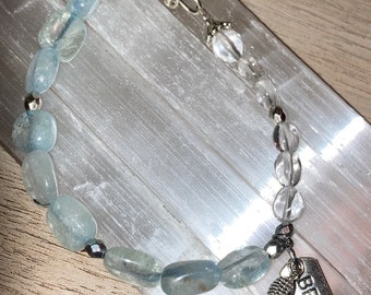 Aquamarine & Clear Quartz Silver “Believe” Feather Bracelet