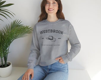 May include: A gray sweatshirt with a black graphic print of a cowboy hat and the text "Westbrook Hill Boro Hawthorne House".
