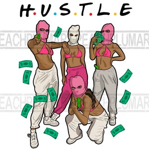 Op de afbeelding: Drie vrouwen met roze ski-maskers en roze bikini's houden geld vast en poseren. De tekst "H.U.S.T.L.E" staat bovenaan de afbeelding.