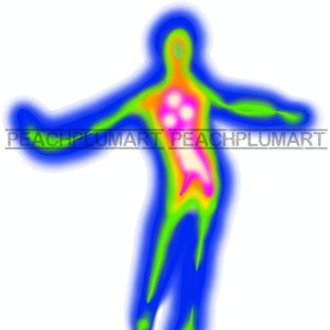 May include: A blurry image of a person in a bright blue, green, yellow, and pink outline. The person is standing with their arms outstretched.