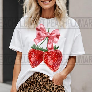 Watercolor strawberry sublimation design download, Coquette strawberry png, Strawberry with bow png, Pink bow strawberry png, soft girl png