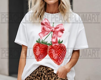 Aquarell Erdbeere Sublimation Design-Download, Kokette Erdbeere png, Erdbeere mit Schleife png, Rosa Schleife Erdbeere png, Soft Girl png