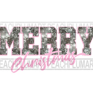 May include: Silver glitter letters spelling "Merry Christmas" with a pink outline. The word "Christmas" is in cursive.