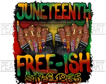 May include: A graphic design with the words "Juneteenth Free-ish Since 1865" in a graffiti style font. The words are in red, yellow, and green, which are the colors of the Pan-African flag. The background is a brick wall with graffiti.