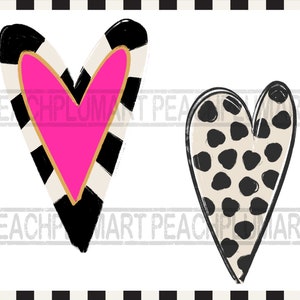 Pu&ograve; includere: Due cuori dipinti a mano, uno con strisce bianche e nere e un cuore rosa all'interno, l'altro con pois neri su uno sfondo beige.