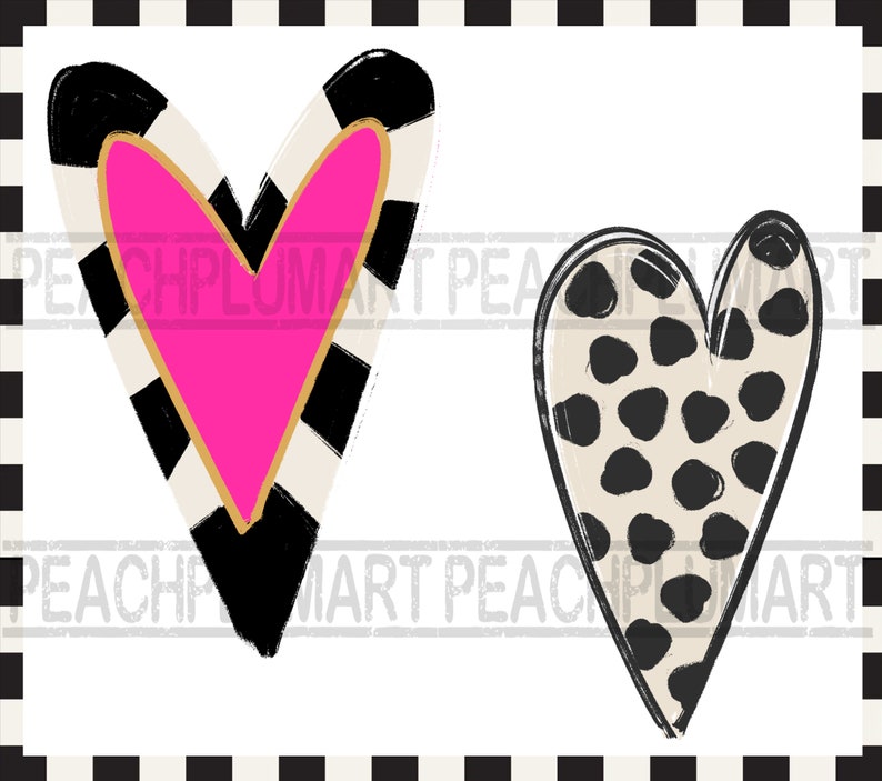 Pu&ograve; includere: Due cuori dipinti a mano, uno con strisce bianche e nere e un cuore rosa all'interno, l'altro con pois neri su uno sfondo beige.