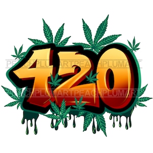 May include: A 3D illustration of the number 420 in a graffiti style with a dripping green paint effect. The number is surrounded by green marijuana leaves.