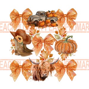 May include: A digital illustration of a fall-themed scene with a vintage truck carrying pumpkins, a highland cow, a cowboy hat, boots, and orange bows.
