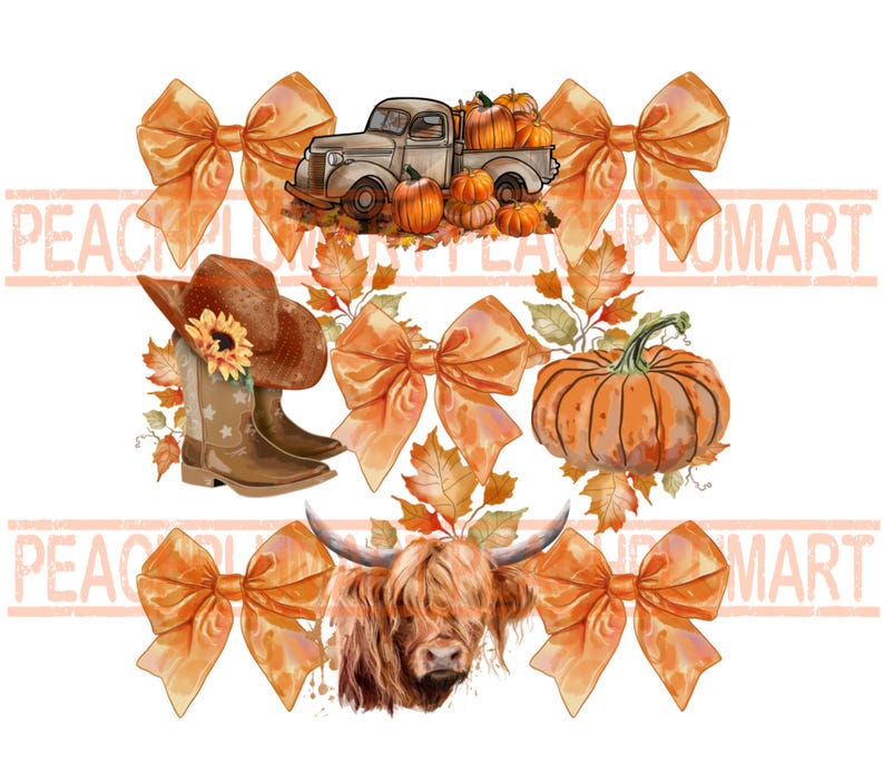 May include: A digital illustration of a fall-themed scene with a vintage truck carrying pumpkins, a highland cow, a cowboy hat, boots, and orange bows.