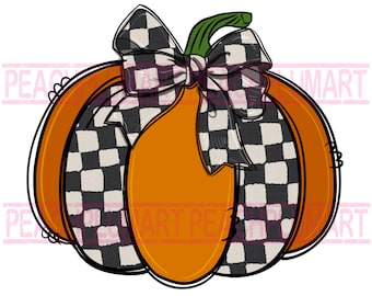 Karierter Kürbis PNG, Karierter Bogen Kürbis Png Sublimationsdesign, Karierter Herbst PNG, Gekritzel Kürbis Png, Halloween-Kürbis Png