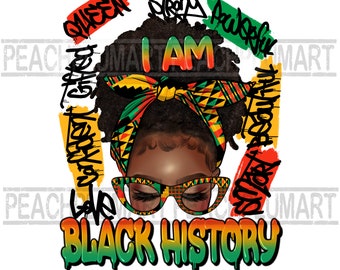 Könnte beinhalten: Grafikdesign einer schwarzen Frau mit Kopftuch und Brille. Die Worte "I AM" stehen über ihrem Kopf, mit "Queen", "Strong", "Powerful", "Beautiful", "Love" und "Black History" im Graffiti-Stil.
