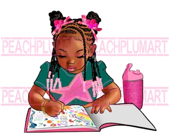 May include: A young girl with braids and pink bows is sitting at a table coloring in a book. She is wearing a green shirt with a pink star on it. There is a pink cup with glitter on the table next to her.