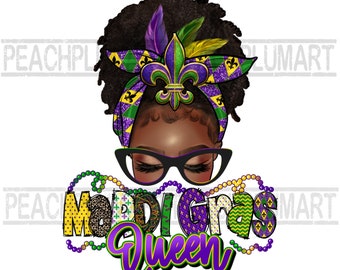 Mardi gras queen png sublimation design download, Afro Messy Bun Mardi Gras Png, Black woman mardi gras png sublimate design download