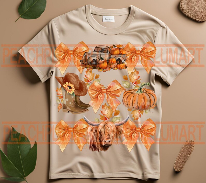 May include: A tan t-shirt with a fall-themed design featuring a truck carrying pumpkins, a highland cow, bows, boots, and pumpkins.