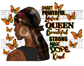 Puede incluir: Una ilustración digital de una mujer negra con un pañuelo en la cabeza y mariposas. El texto dice "Smart, Powerful, Loved, Queen, Beautiful, Strong, Magic, Dope, Kind".