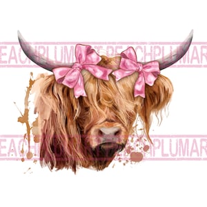 Coquette highland cow png sublimation design download, Highland cow with pink bow png, watercolor highland cow png, cow mama png