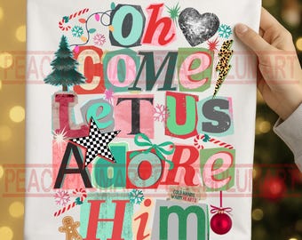 Oh Come Let Us Adore Him, Christmas Tree Clipart, Joy to the world png, Holiday png, Hand Drawn, Festive, Cute Bow, Commercial Use